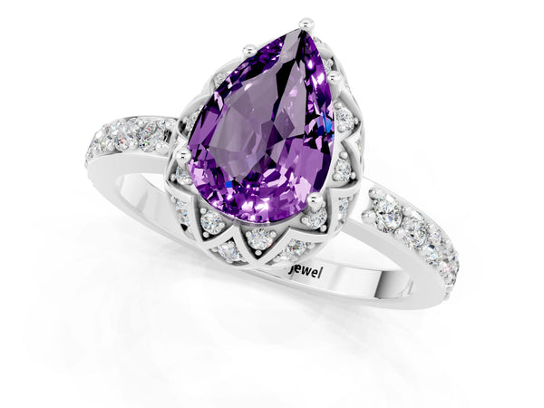 White gold Pear Cut Amethyst Scalloped Halo Engagement Ring with Round Shared Prong Band