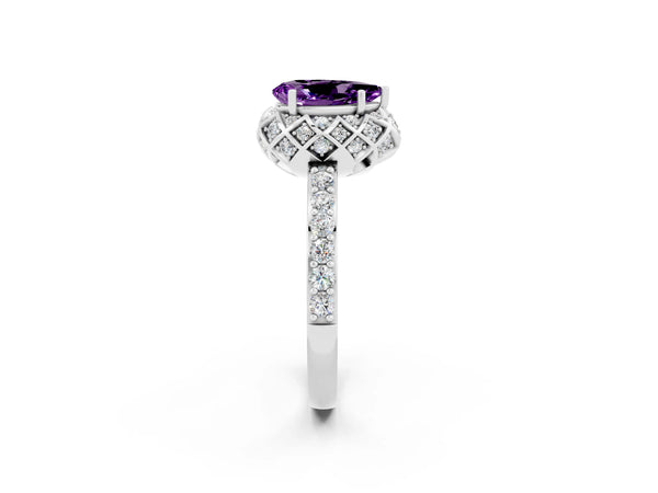 Platinum Pear Cut Amethyst Scalloped Halo Engagement Ring with Round Shared Prong Band