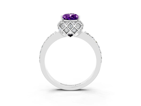 Silver Pear Cut Amethyst Scalloped Halo Engagement Ring with Round Shared Prong Band