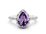 White gold Pear Cut Amethyst Scalloped Halo Engagement Ring with Round Shared Prong Band_24