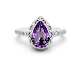 White gold Pear Cut Amethyst Scalloped Halo Engagement Ring with Round Shared Prong Band_36