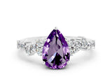 White gold Pear Cut Amethyst Scattered Round Accent Ring with Prong Setting_24