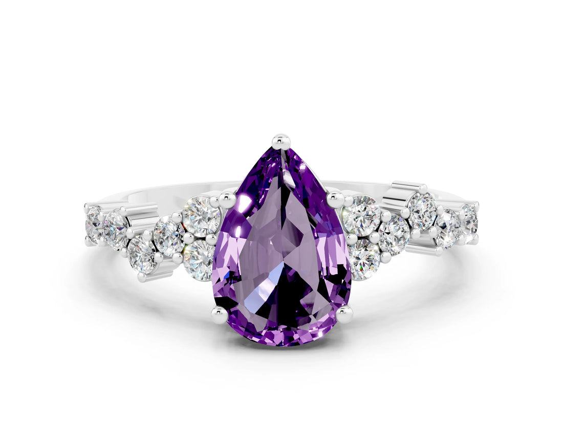 White gold Pear Cut Amethyst Scattered Round Accent Ring with Prong Setting_36