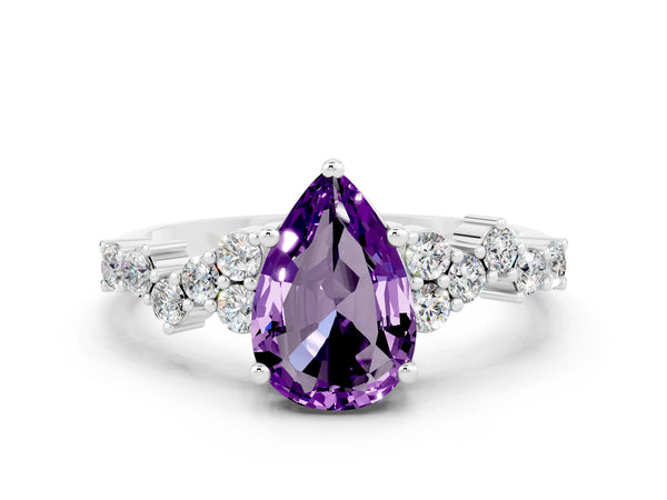 White Gold Pear-Shaped Amethyst Scattered Accent Engagement Ring with Open X Gallery