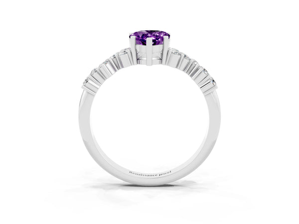 White Gold Pear-Shaped Amethyst Scattered Accent Engagement Ring with Open X Gallery
