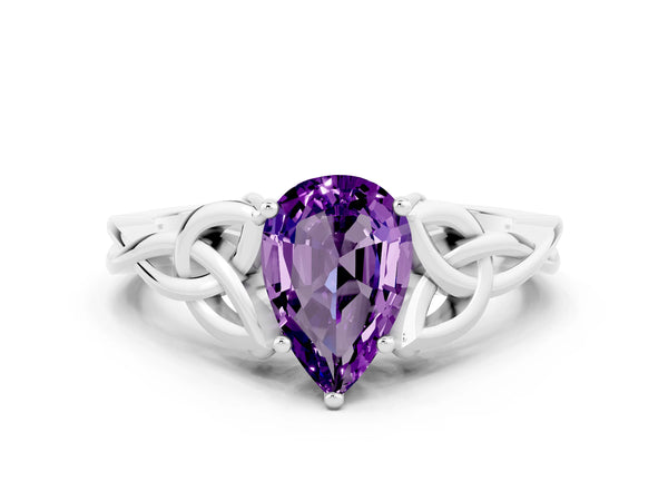 Silver Pear Cut Amethyst Solitaire Celtic Knot Ring with Four-Prong Setting