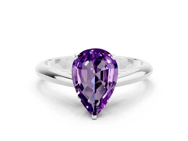 White gold Pear Cut Amethyst Solitaire Engagement Ring with Cathedral Setting and Four-Prong Mount