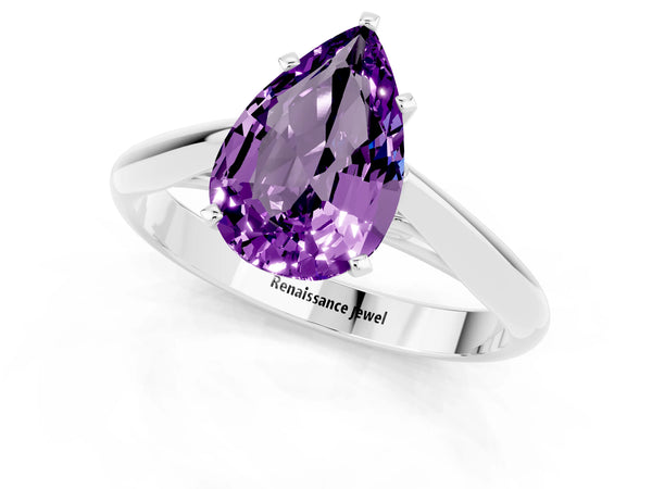 White gold Pear Cut Amethyst Solitaire Engagement Ring with Cathedral Setting and Four-Prong Mount