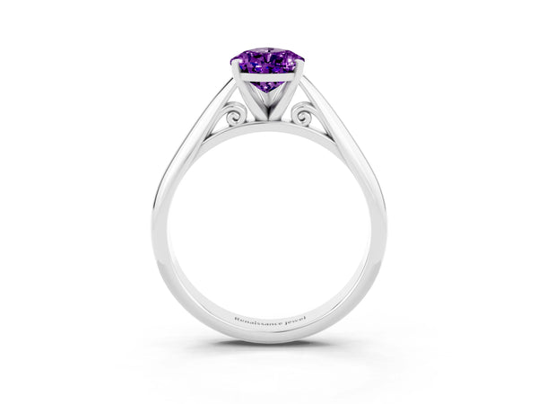 White gold Pear Cut Amethyst Solitaire Engagement Ring with Cathedral Setting and Four-Prong Mount