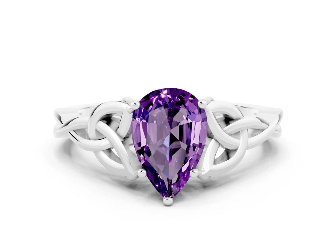 White gold Pear Cut Amethyst Solitaire Engagement Ring with Celtic Knot Band and Four-Prong Setting