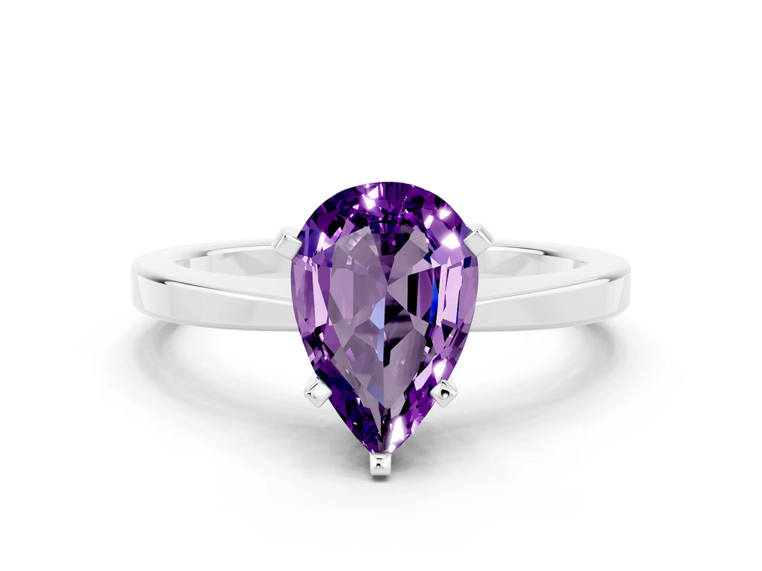 White gold Pear Cut Amethyst Solitaire Engagement Ring with Classic Band and Four-Prong Setting_24
