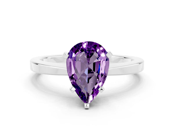 Platinum Pear Cut Amethyst Solitaire Engagement Ring with Classic Band and Four-Prong Setting