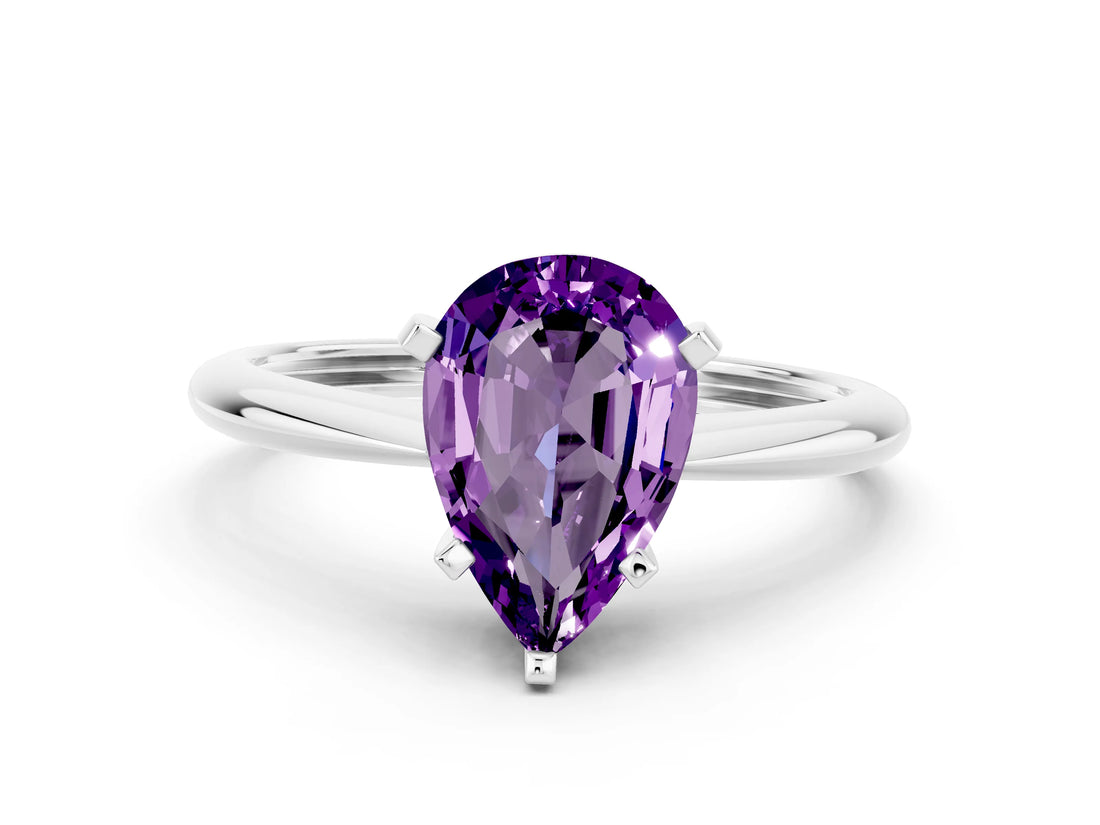 White gold Pear Cut Amethyst Solitaire Engagement Ring with Classic Band and Four-Prong Setting_36