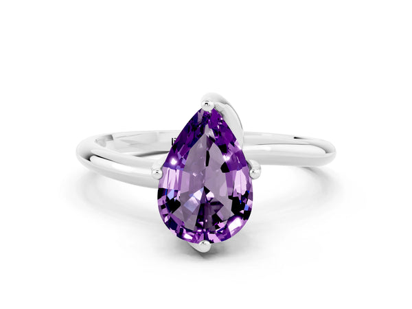 Silver Pear Cut Amethyst Solitaire Engagement Ring with Four-Prong Setting and Classic Band