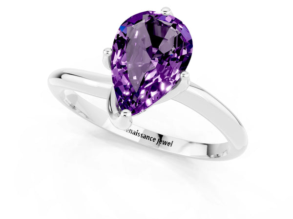White gold Pear Cut Amethyst Solitaire Engagement Ring with Four-Prong Setting and Classic Band