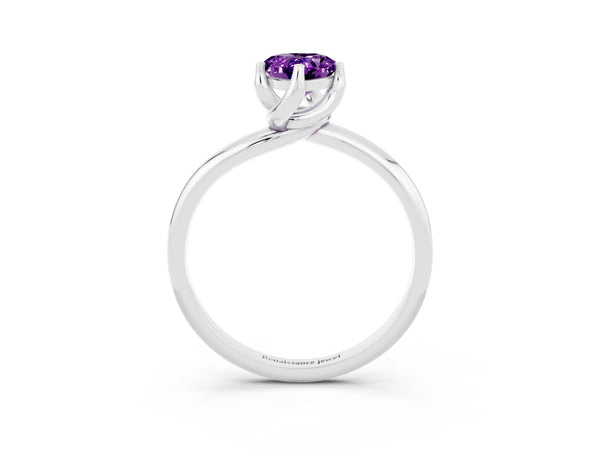 Silver Pear Cut Amethyst Solitaire Engagement Ring with Four-Prong Setting and Classic Band