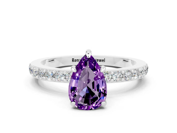 Platinum Pear Cut Amethyst Solitaire Engagement Ring with Pavé Band and Four-Prong Setting