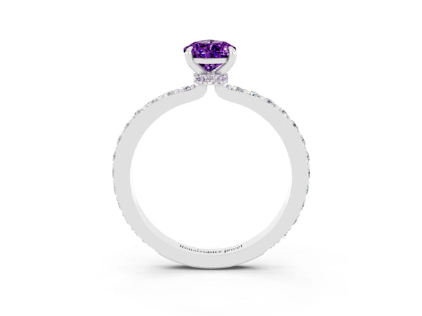 White gold Pear Cut Amethyst Solitaire Engagement Ring with Pavé Band and Four-Prong Setting