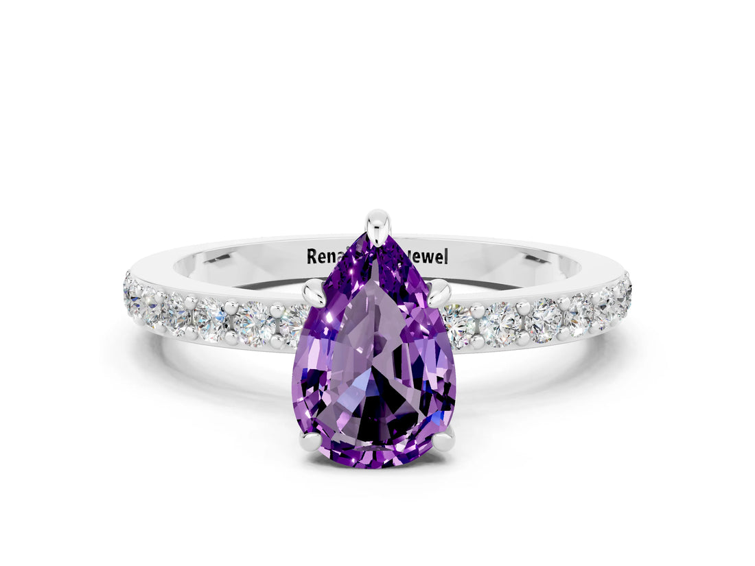 White gold Pear Cut Amethyst Solitaire Engagement Ring with Pavé Band and Four-Prong Setting