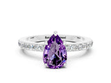 White gold Pear Cut Amethyst Solitaire Engagement Ring with Pavé Band and Four-Prong Setting