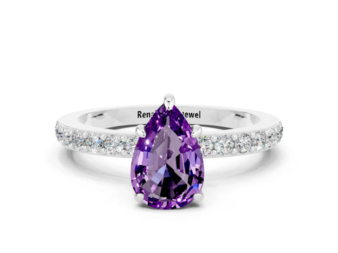 White gold Pear Cut Amethyst Solitaire Engagement Ring with Pavé Band and Four-Prong Setting