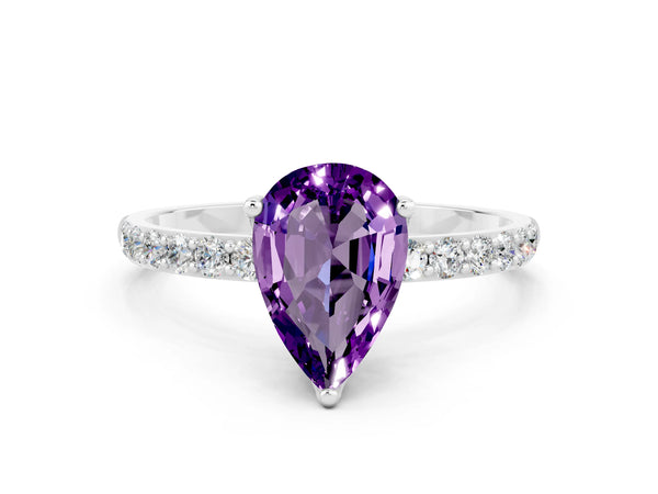Platinum Pear Cut Amethyst Solitaire Engagement Ring with Round  Pavé Band and Prong Setting
