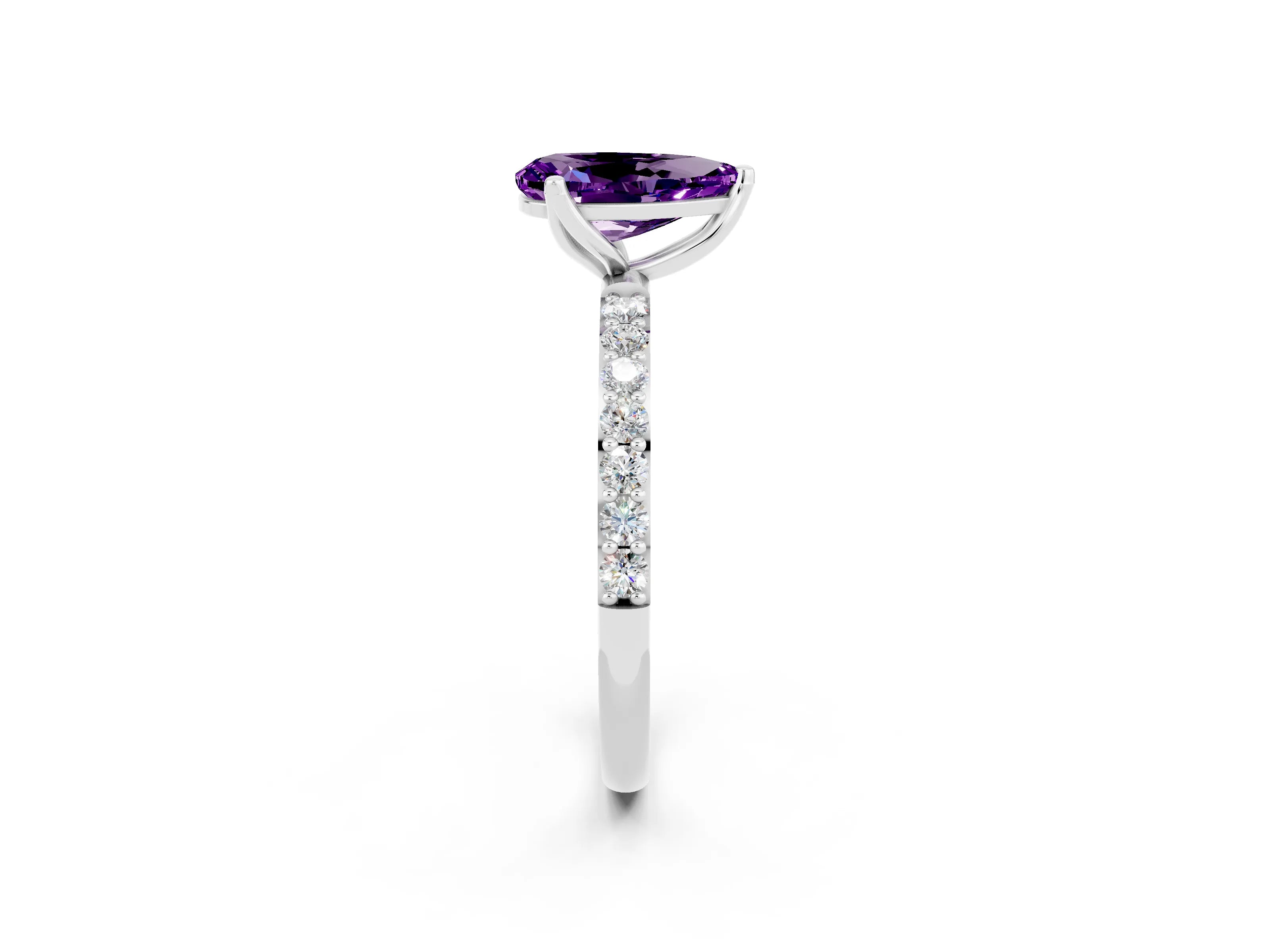 White gold Pear Cut Amethyst Solitaire Engagement Ring with Pavé Band and Prong Setting_2