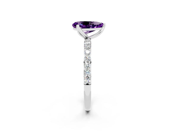 White gold Pear Cut Amethyst Solitaire Engagement Ring with Round  Pavé Band and Prong Setting