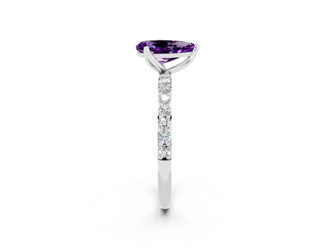 White gold Pear Cut Amethyst Solitaire Engagement Ring with Pavé Band and Prong Setting_2