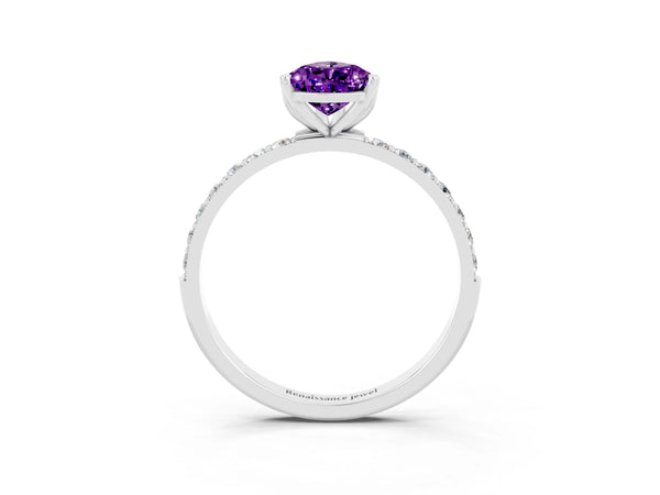 Platinum Pear Cut Amethyst Solitaire Engagement Ring with Round  Pavé Band and Prong Setting