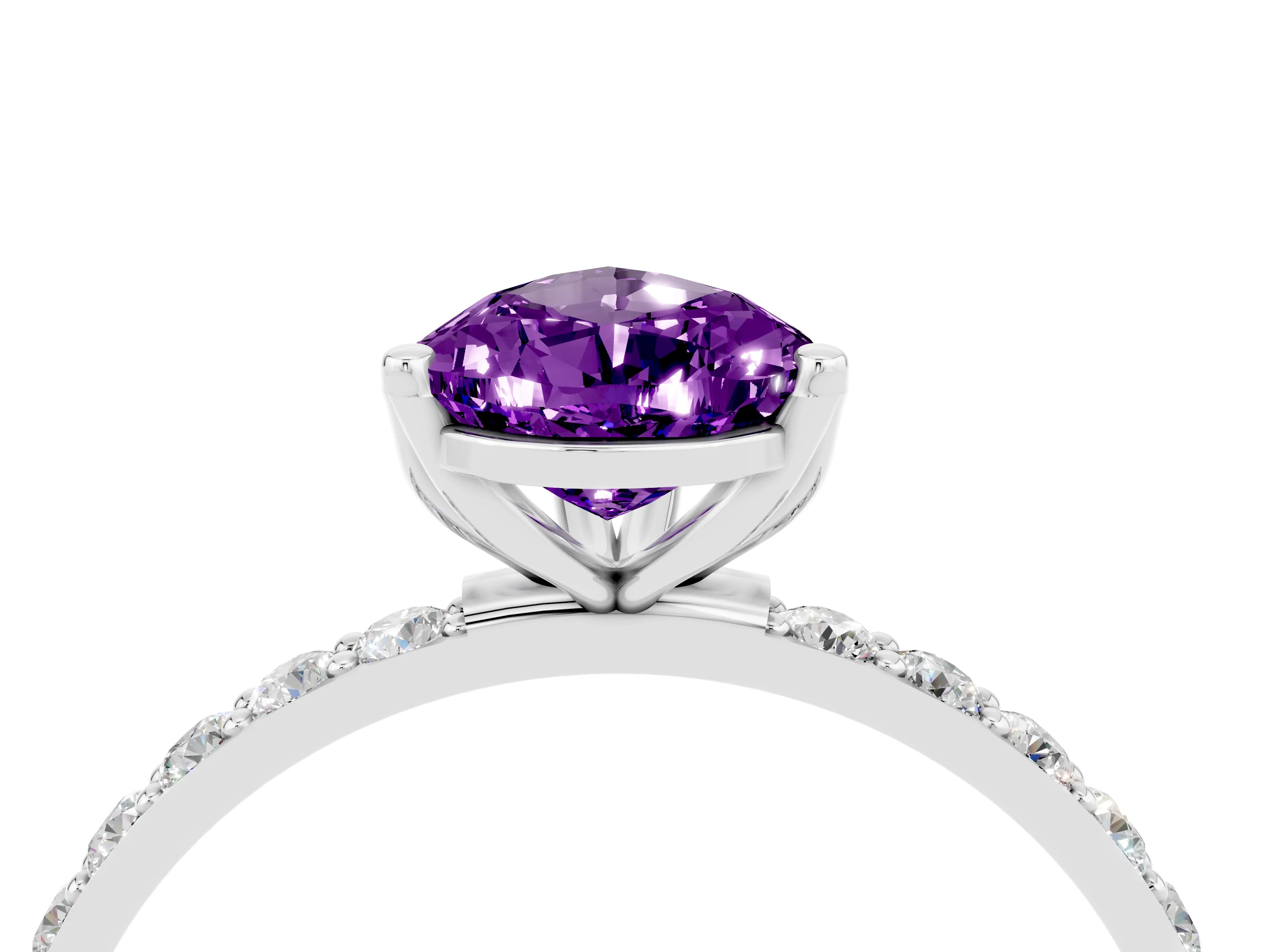 White gold Pear Cut Amethyst Solitaire Engagement Ring with Pavé Band and Prong Setting_4