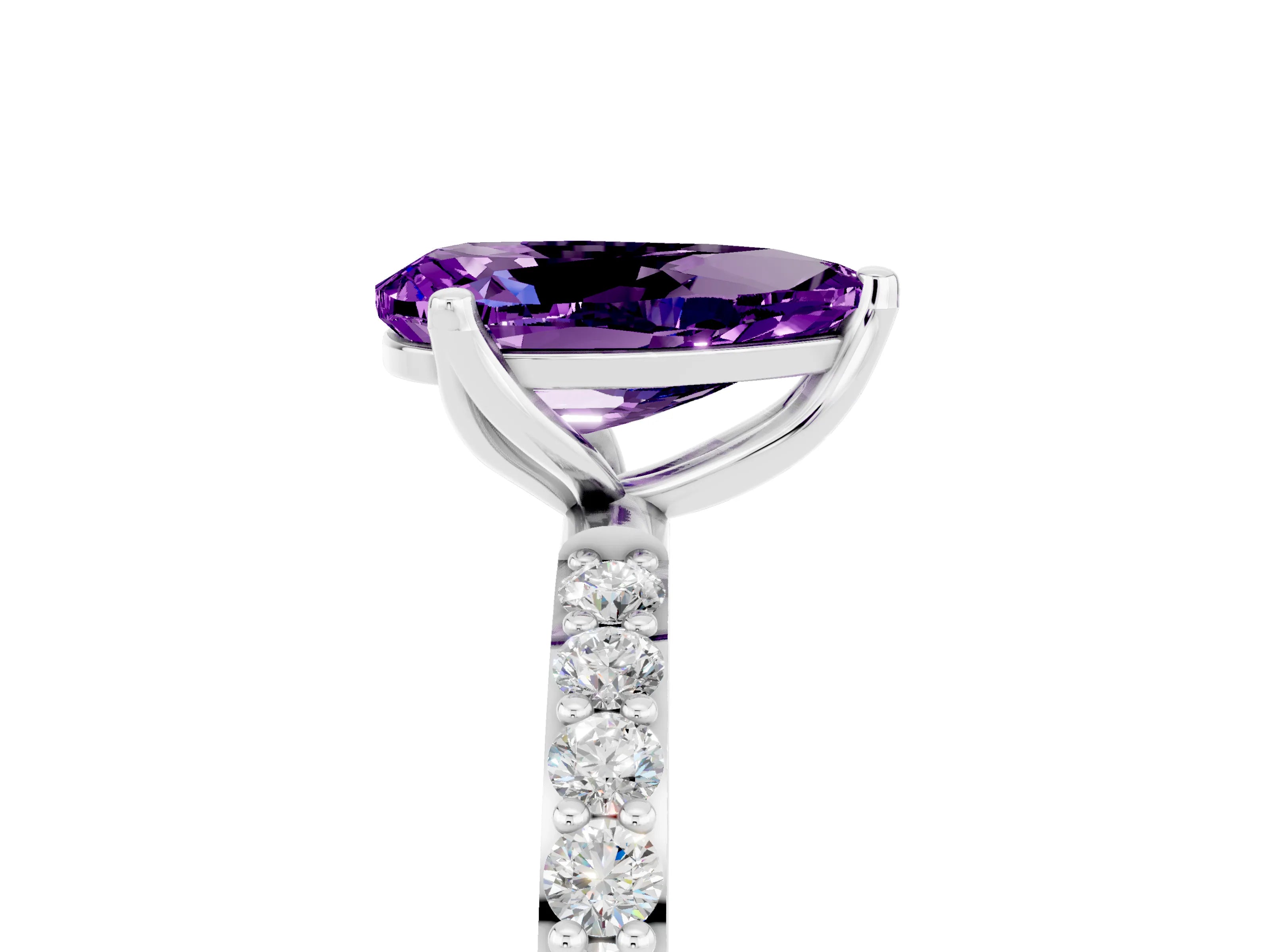 White gold Pear Cut Amethyst Solitaire Engagement Ring with Pavé Band and Prong Setting_5