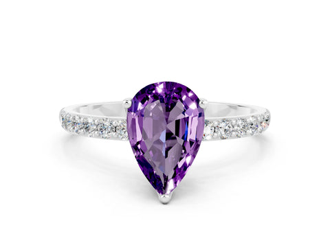 White gold Pear Cut Amethyst Solitaire Engagement Ring with Pavé Band and Prong Setting