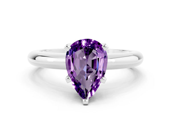 Platinum Pear Cut Amethyst Solitaire Engagement Ring with Round Band and Four-Prong Setting