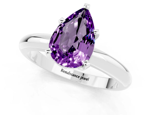 Platinum Pear Cut Amethyst Solitaire Engagement Ring with Round Band and Four-Prong Setting