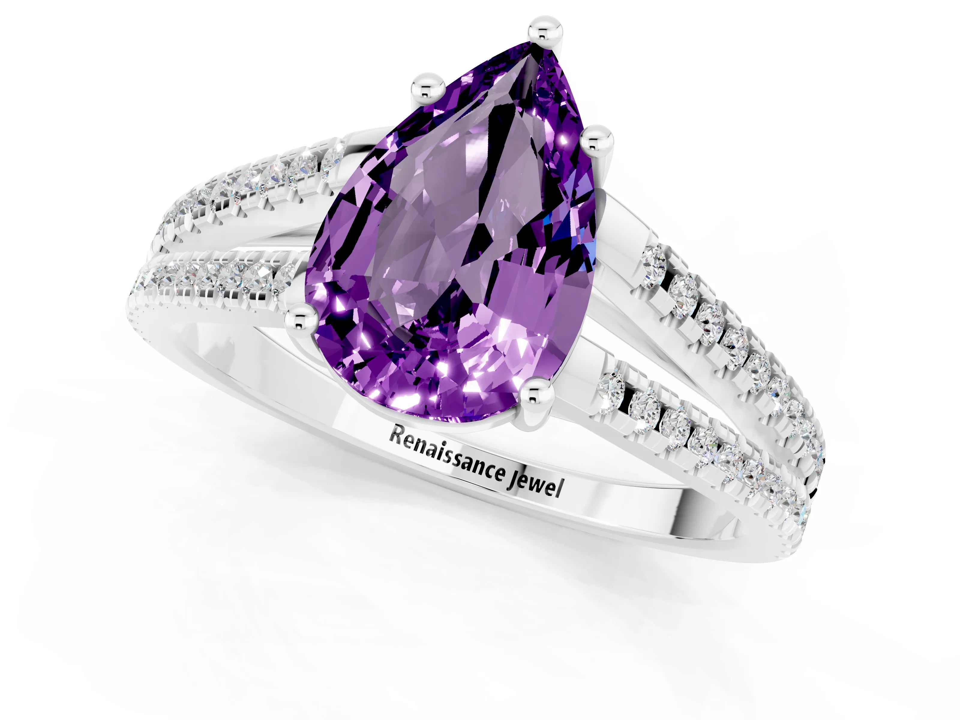 White gold Pear Cut Amethyst Solitaire Engagement Ring with Split Shank Pavé Band_1