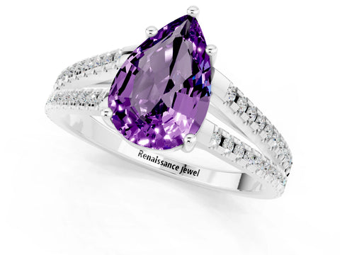 White gold Pear Cut Amethyst Solitaire Engagement Ring with Split Shank Pavé Band_1