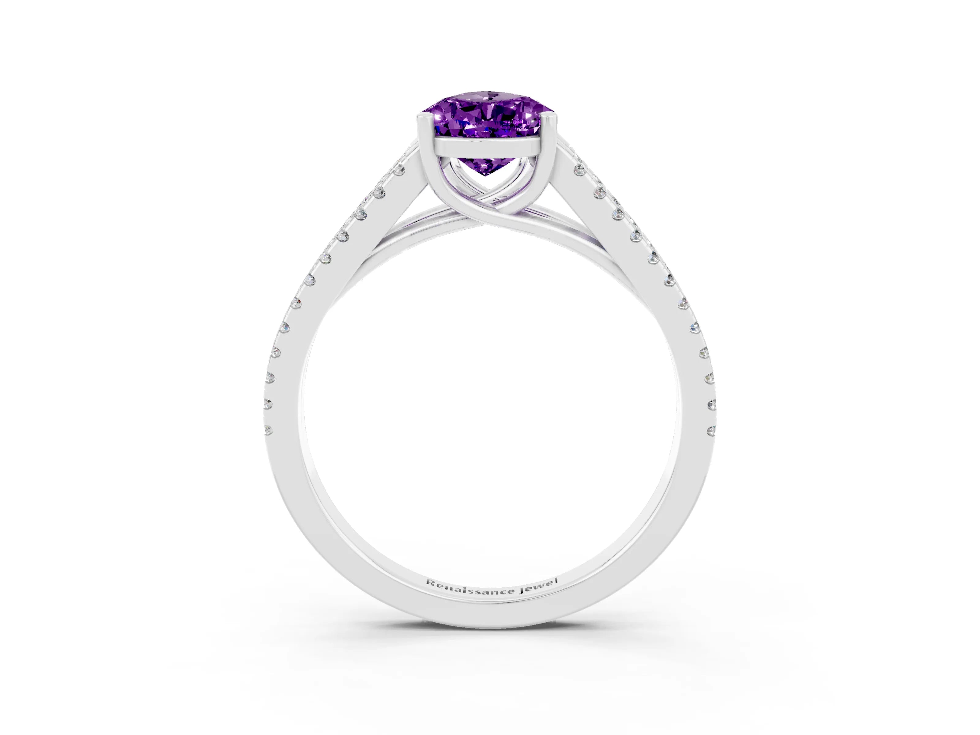 White gold Pear Cut Amethyst Solitaire Engagement Ring with Split Shank Pavé Band_3