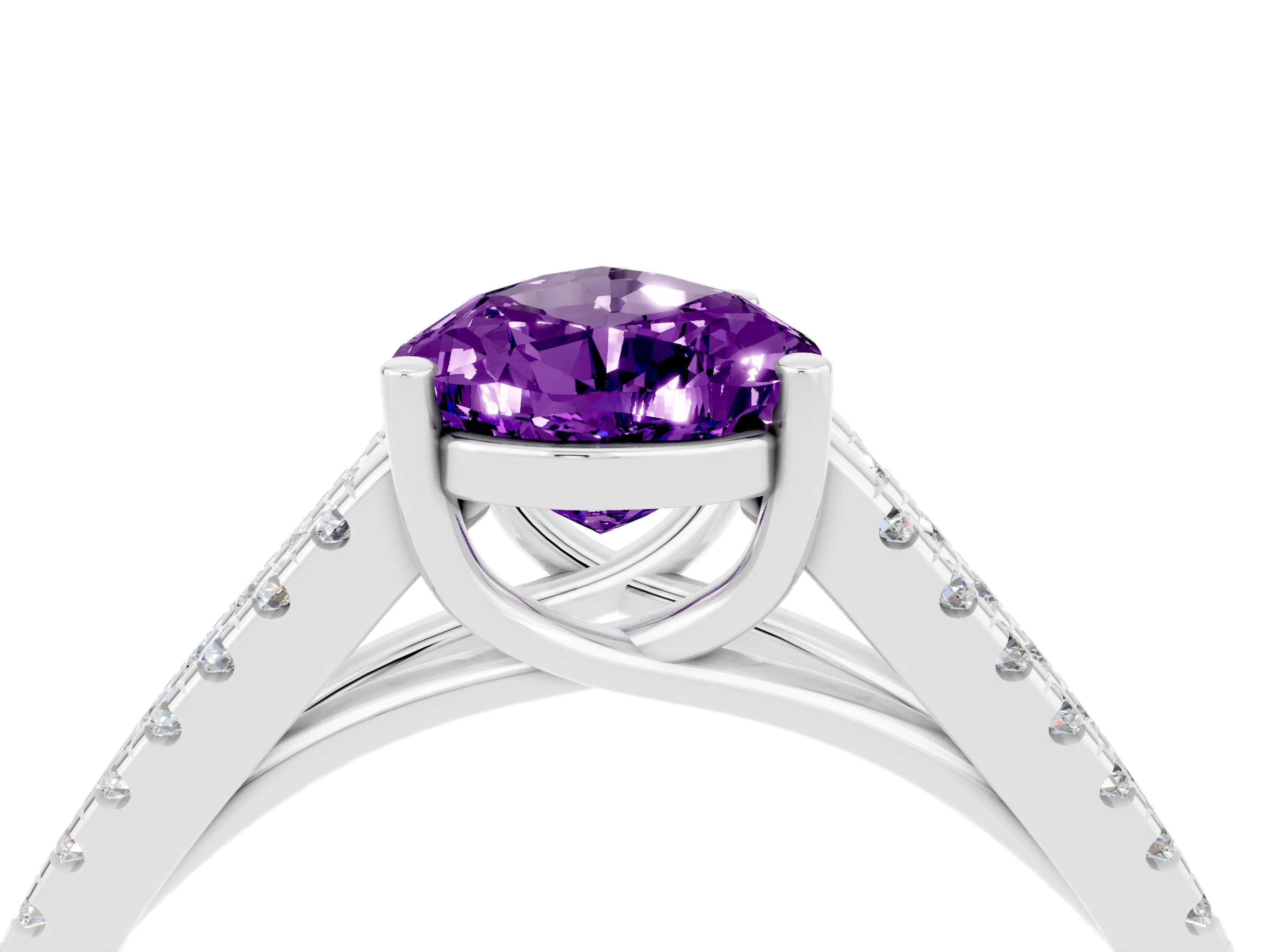 White gold Pear Cut Amethyst Solitaire Engagement Ring with Split Shank Pavé Band_4