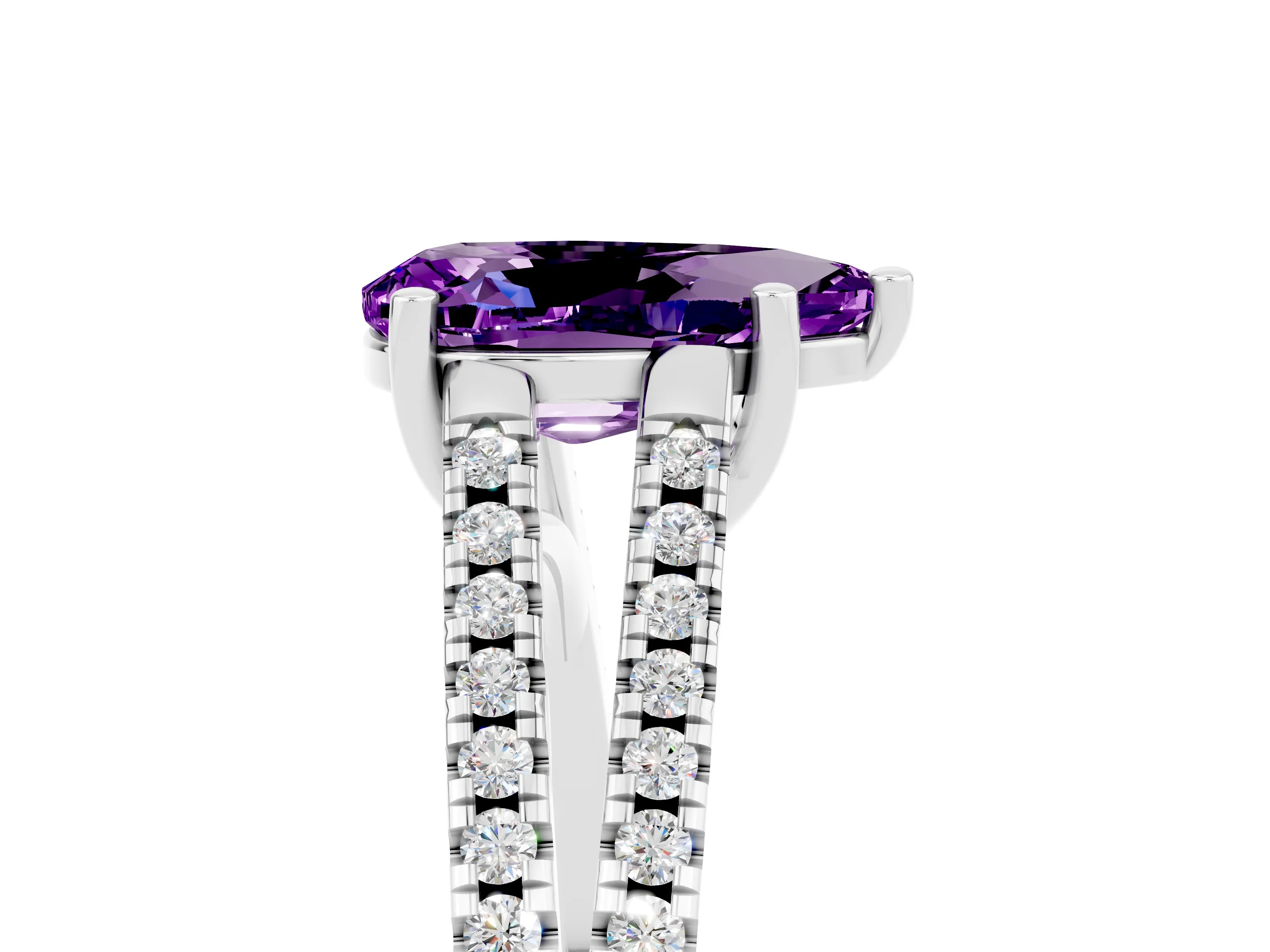White gold Pear Cut Amethyst Solitaire Engagement Ring with Split Shank Pavé Band_5