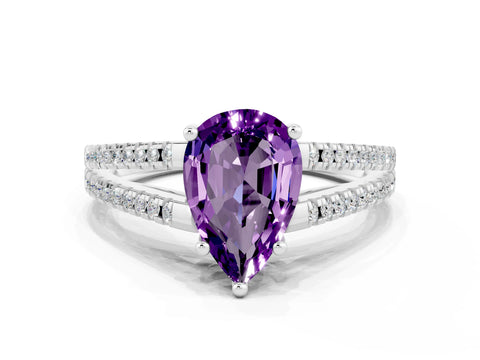 White gold Pear Cut Amethyst Solitaire Engagement Ring with Split Shank Pavé Band
