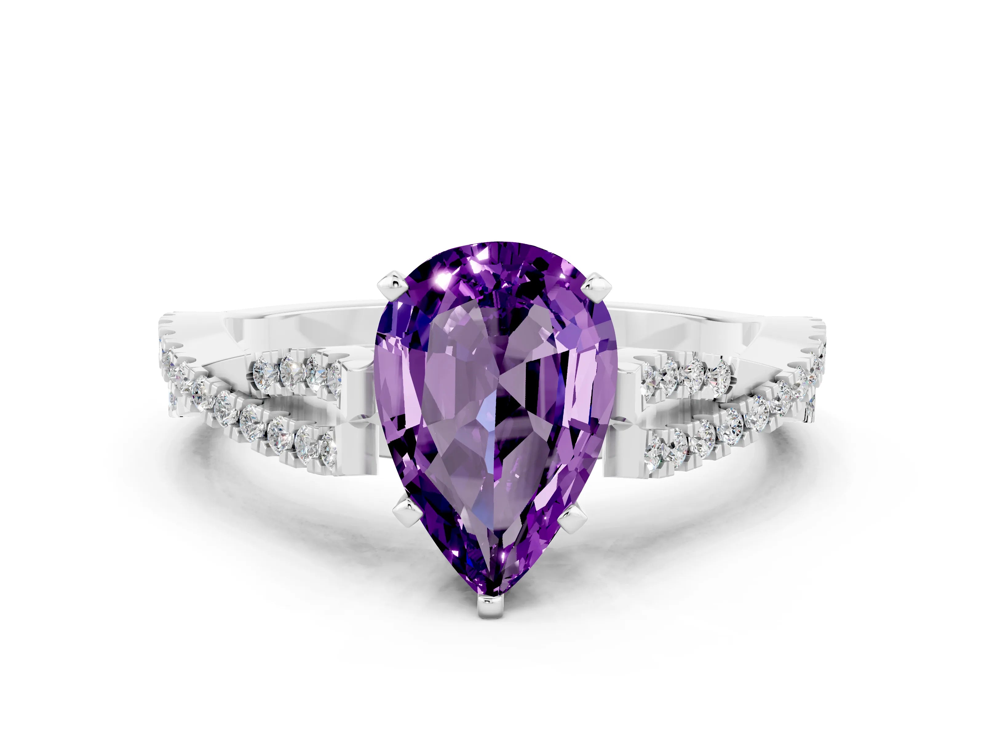 White gold Pear Cut Amethyst Solitaire Engagement Ring with Twisted Pavé Band and Four-Prong Setting