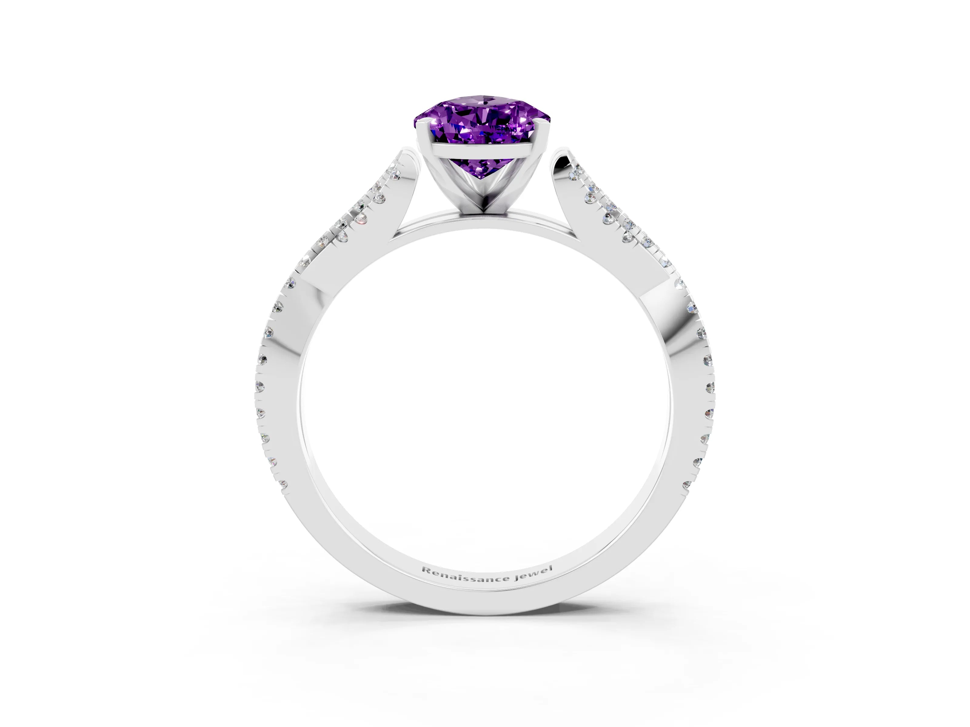 White gold Pear Cut Amethyst Solitaire Engagement Ring with Twisted Pavé Band and Four-Prong Setting_3