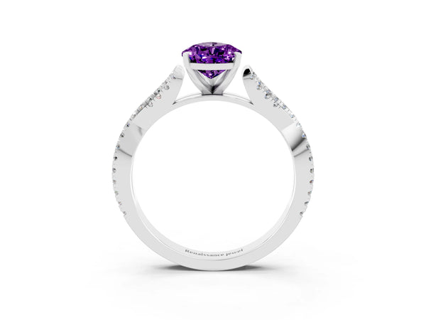 Platinum Pear Cut Amethyst Solitaire Engagement Ring with Twisted Pavé Band and Four-Prong Setting