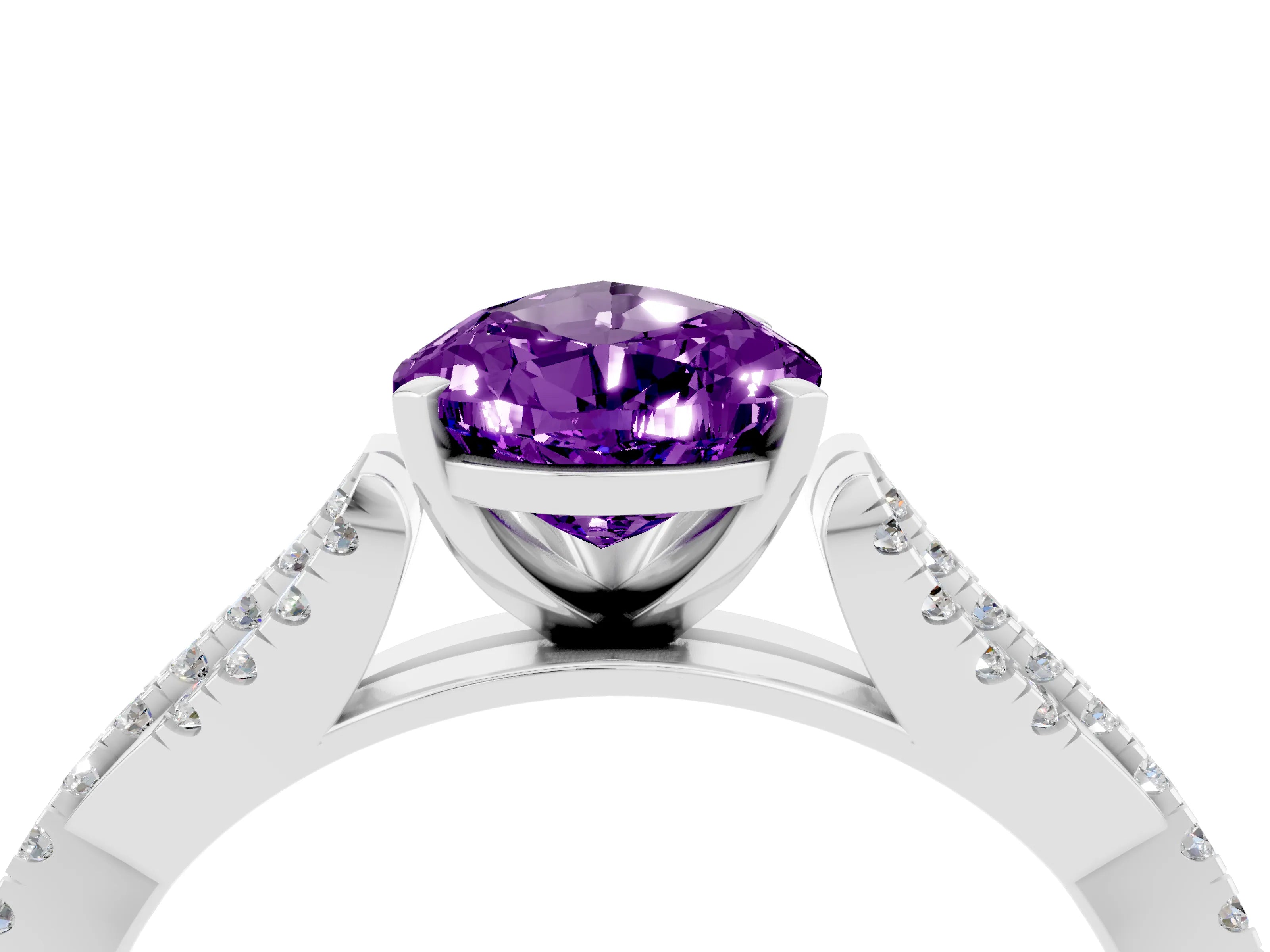 White gold Pear Cut Amethyst Solitaire Engagement Ring with Twisted Pavé Band and Four-Prong Setting_4