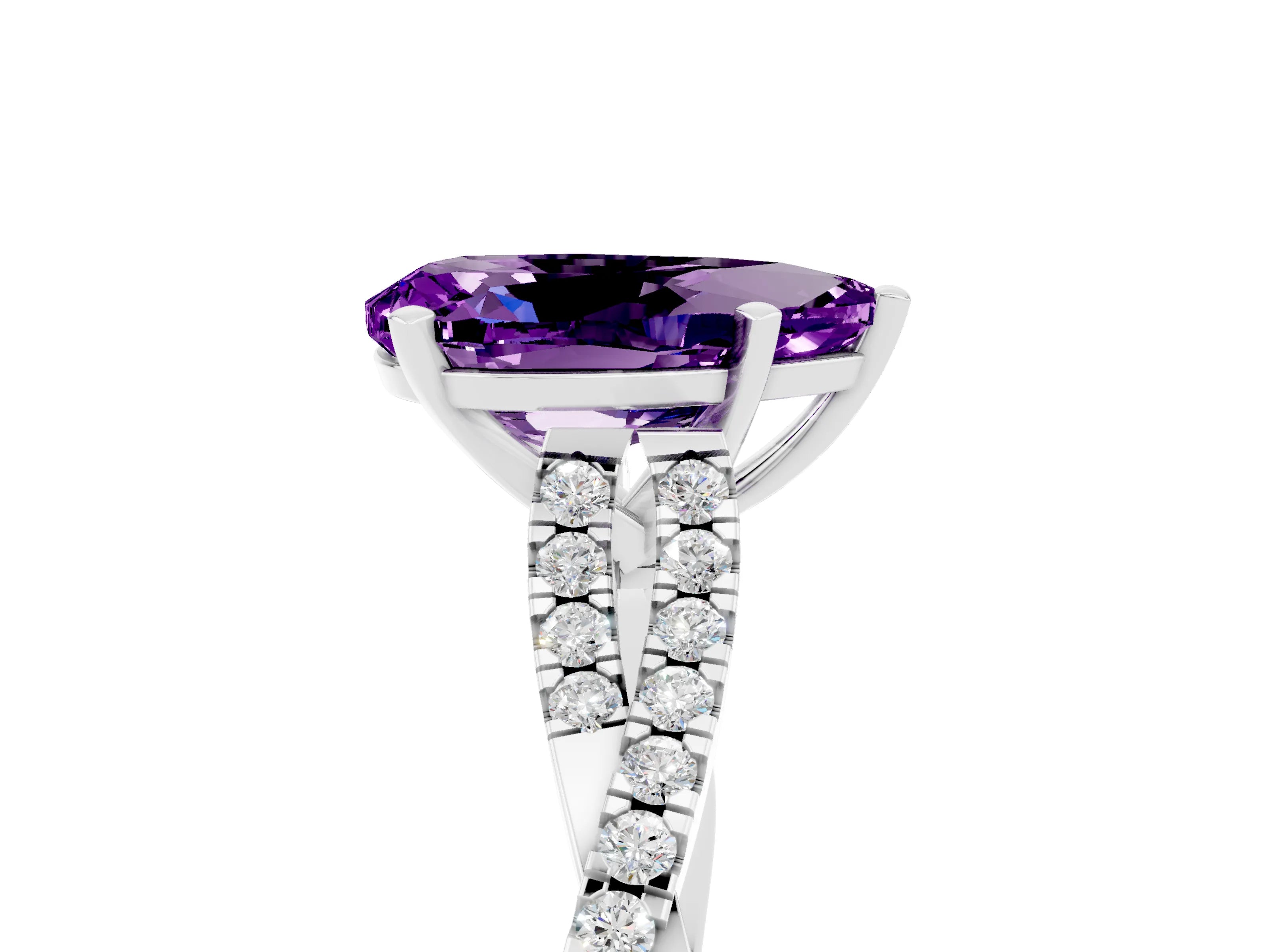 White gold Pear Cut Amethyst Solitaire Engagement Ring with Twisted Pavé Band and Four-Prong Setting_5