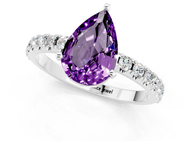 Platinum Pear Cut Amethyst Solitaire Pavé Band with Four-Prong Setting