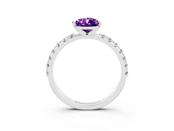Silver Pear Cut Amethyst Solitaire Pavé Band with Four-Prong Setting