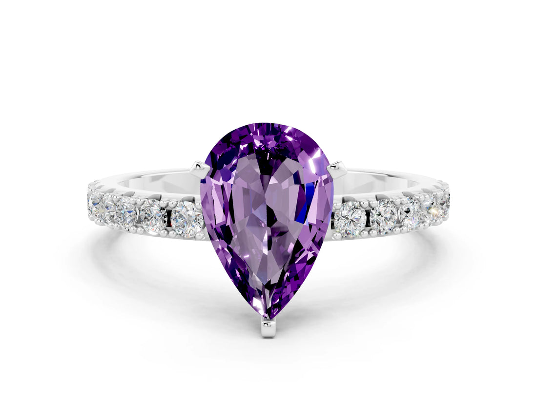 White gold Pear Cut Amethyst Solitaire Pavé Band with Four-Prong Setting