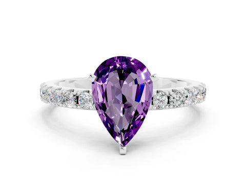 White gold Pear Cut Amethyst Solitaire Pavé Band with Four-Prong Setting